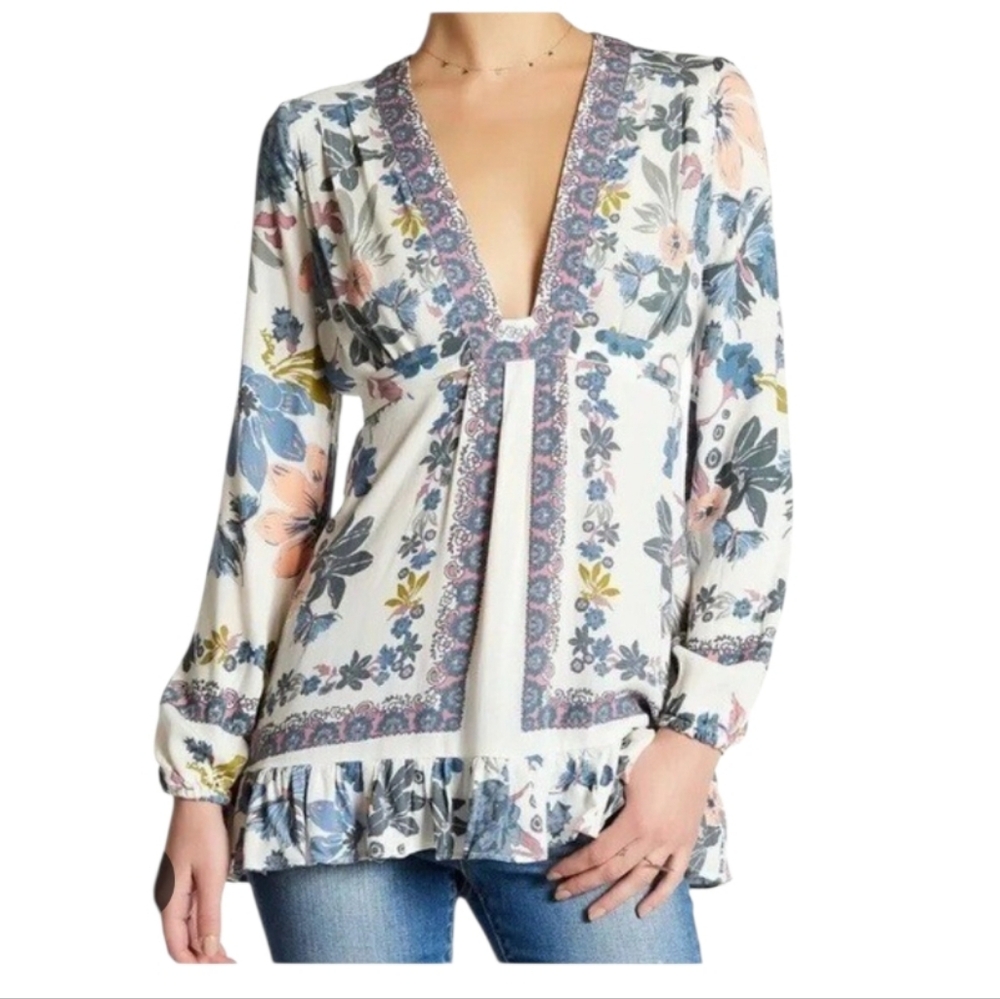 Free People Womens Colorful Floral Violet Hill Print Ruffled Hem Tunic Top 8